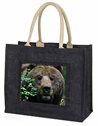 Beautiful Brown Bear Large Black Jute Shopping Bag