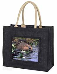 River Beaver Large Black Jute Shopping Bag