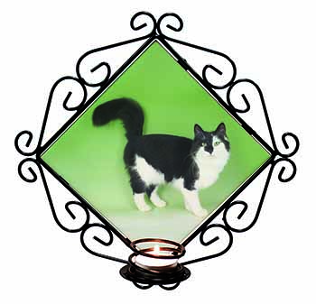 Black+White Norwegian Forest Cat Wrought Iron Wall Art Candle Holder