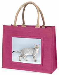 Oriental Black+Silver Cat Large Pink Jute Shopping Bag