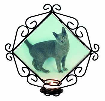 Russian Blue Cat Wrought Iron Wall Art Candle Holder