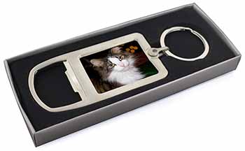 Beautiful Tabby Cat Chrome Metal Bottle Opener Keyring in Box