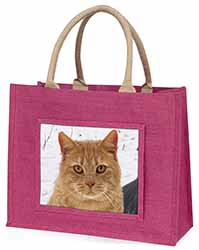 Pretty Ginger Cat Large Pink Jute Shopping Bag