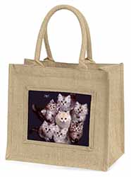 Cute Kittens+Dragonfly Natural/Beige Jute Large Shopping Bag