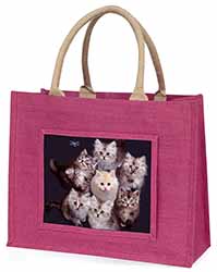 Cute Kittens+Dragonfly Large Pink Jute Shopping Bag