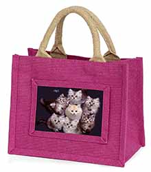 Cute Kittens+Dragonfly Little Girls Small Pink Jute Shopping Bag