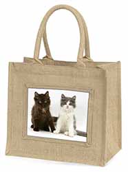 Cute Kittens Natural/Beige Jute Large Shopping Bag