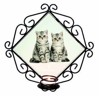 Silver Tabby Kittens Wrought Iron Wall Art Candle Holder