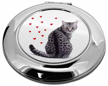 Silver Tabby Cat with Red Hearts Make-Up Round Compact Mirror