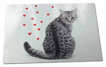 Large Glass Cutting Chopping Board Silver Tabby Cat with Red Hearts