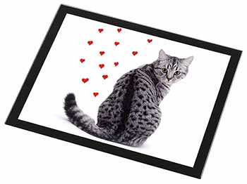 Silver Tabby Cat with Red Hearts Black Rim High Quality Glass Placemat