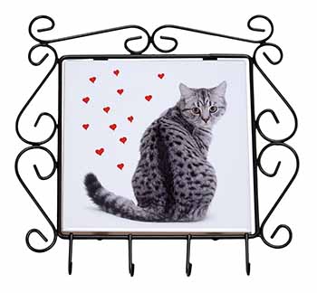 Silver Tabby Cat with Red Hearts Wrought Iron Key Holder Hooks