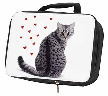 Silver Tabby Cat with Red Hearts Black Insulated School Lunch Box/Picnic Bag