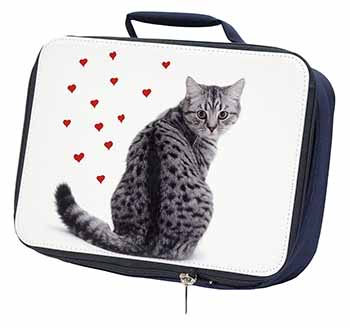 Silver Tabby Cat with Red Hearts Navy Insulated School Lunch Box/Picnic Bag