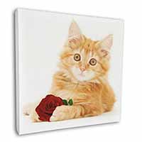 Ginger Kitten with Red Rose Square Canvas 12"x12" Wall Art Picture Print