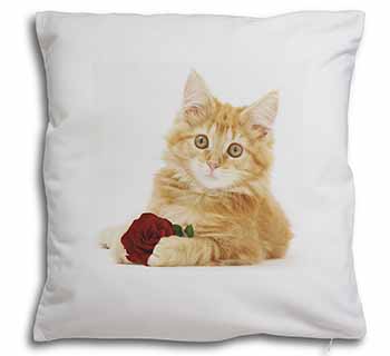 Ginger Kitten with Red Rose Soft White Velvet Feel Scatter Cushion