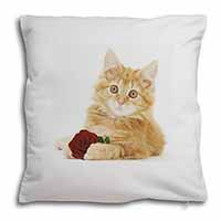 Ginger Kitten with Red Rose Soft White Velvet Feel Scatter Cushion