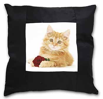 Ginger Kitten with Red Rose Black Satin Feel Scatter Cushion