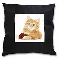 Ginger Kitten with Red Rose Black Satin Feel Scatter Cushion