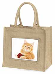 Ginger Kitten with Red Rose Natural/Beige Jute Large Shopping Bag