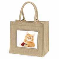 Ginger Kitten with Red Rose Natural/Beige Jute Large Shopping Bag