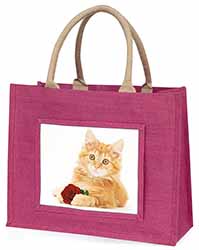 Ginger Kitten with Red Rose Large Pink Jute Shopping Bag