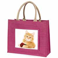 Ginger Kitten with Red Rose Large Pink Jute Shopping Bag