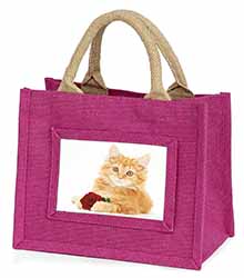 Ginger Kitten with Red Rose Little Girls Small Pink Jute Shopping Bag