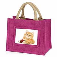 Ginger Kitten with Red Rose Little Girls Small Pink Jute Shopping Bag