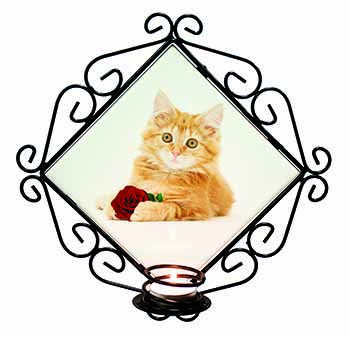 Ginger Kitten with Red Rose Wrought Iron Wall Art Candle Holder