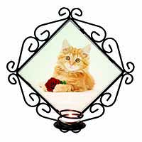 Ginger Kitten with Red Rose Wrought Iron Wall Art Candle Holder