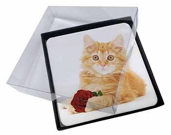 4x Ginger Kitten with Red Rose Picture Table Coasters Set in Gift Box