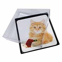 4x Ginger Kitten with Red Rose Picture Table Coasters Set in Gift Box