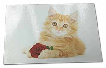 Large Glass Cutting Chopping Board Ginger Kitten with Red Rose