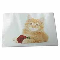 Large Glass Cutting Chopping Board Ginger Kitten with Red Rose