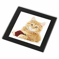 Ginger Kitten with Red Rose Black Rim High Quality Glass Coaster