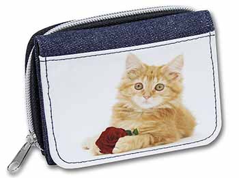 Ginger Kitten with Red Rose Unisex Denim Purse Wallet