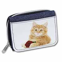 Ginger Kitten with Red Rose Unisex Denim Purse Wallet