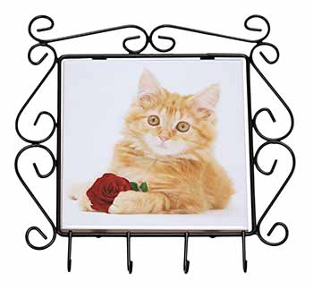 Ginger Kitten with Red Rose Wrought Iron Key Holder Hooks