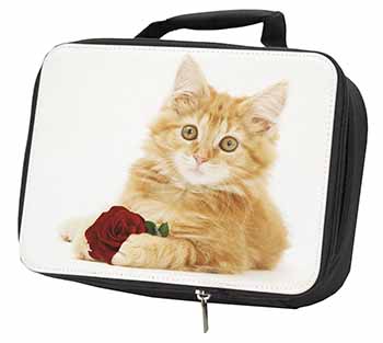 Ginger Kitten with Red Rose Black Insulated School Lunch Box/Picnic Bag