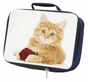 Ginger Kitten with Red Rose Navy Insulated School Lunch Box/Picnic Bag