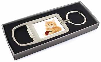 Ginger Kitten with Red Rose Chrome Metal Bottle Opener Keyring in Box