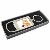 Ginger Kitten with Red Rose Chrome Metal Bottle Opener Keyring in Box