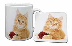 Ginger Kitten with Red Rose Mug and Coaster Set