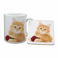 Ginger Kitten with Red Rose Mug and Coaster Set