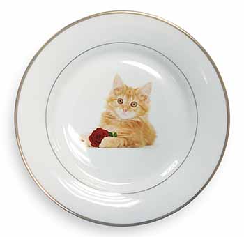 Ginger Kitten with Red Rose Gold Rim Plate Printed Full Colour in Gift Box