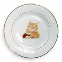 Ginger Kitten with Red Rose Gold Rim Plate Printed Full Colour in Gift Box