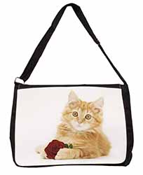 Ginger Kitten with Red Rose Large Black Laptop Shoulder Bag School/College