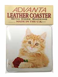 Ginger Kitten with Red Rose Single Leather Photo Coaster