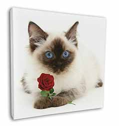 Ragdoll Kitten Cat with Red Rose Square Canvas 12"x12" Wall Art Picture Print